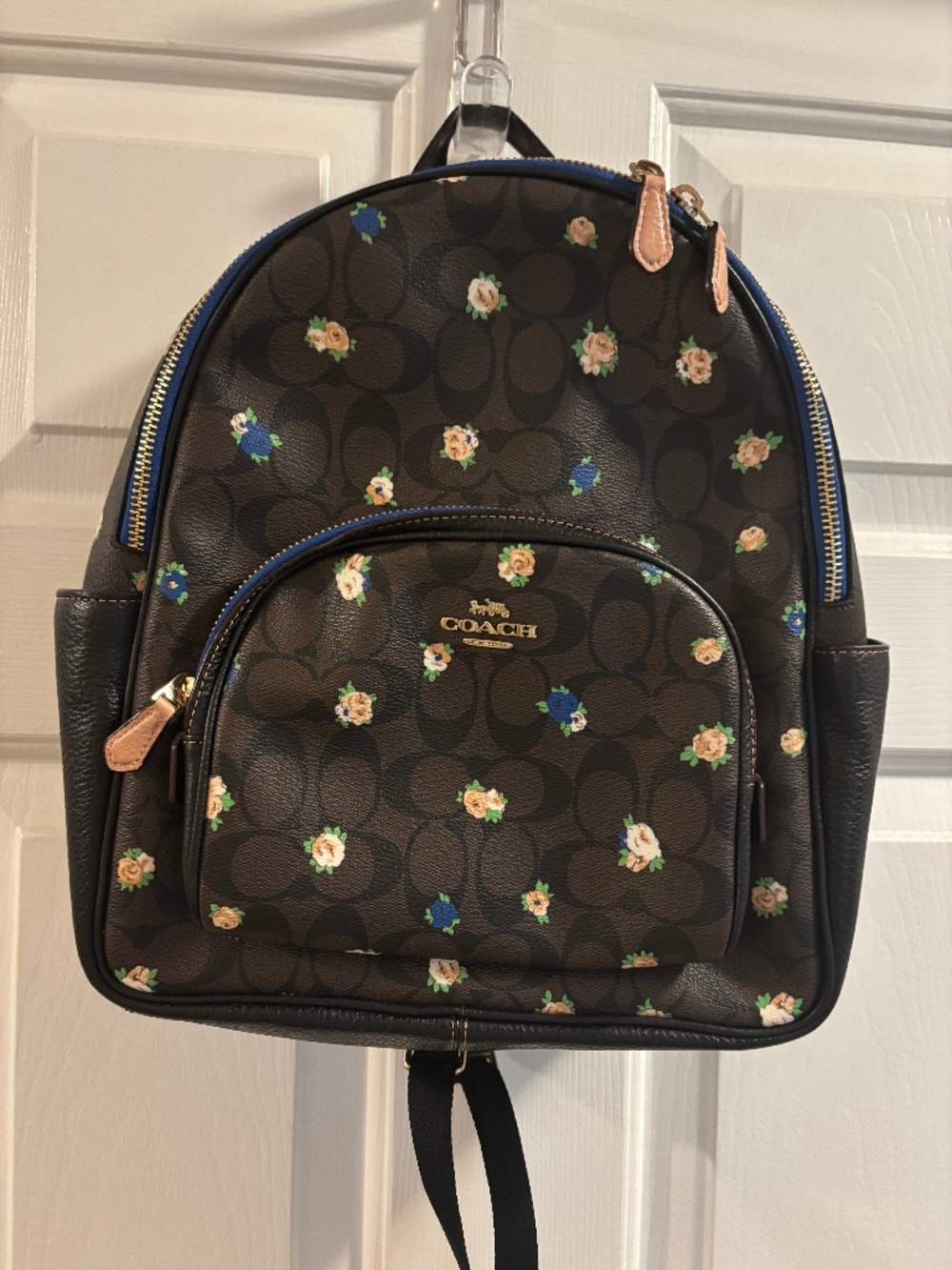 Coach Court Bookbag Brown w/Flowers & Side Pockets